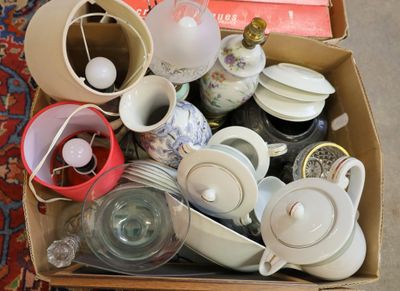 a box full of tea cups and saucers on the floor