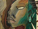 une peinture à l'huile représentant le visage d'une femme coiffée d'une coiffe à plumes