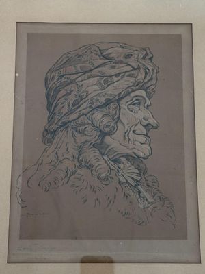 dessin représentant un homme coiffé d'un turban, dans un cadre