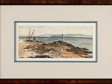 framed watercolor painting of a beach scene with a boat in the distance