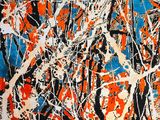 an abstract painting of orange and black paint on a blue background
