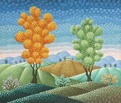 a painting of two trees in the middle of a field