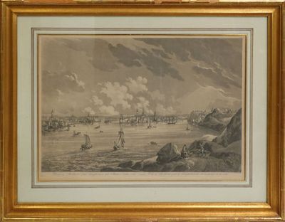 painting of a view of a harbor with boats in the water