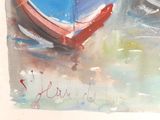 a watercolor painting of a boat on the water