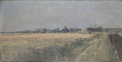 l'image d'une peinture représentant un champ avec une maison au loin