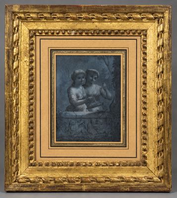 un tableau représentant une femme et un enfant, dans un cadre doré