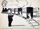 a drawing of a train with people on the tracks