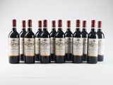 six bottles of red wine lined up in a row