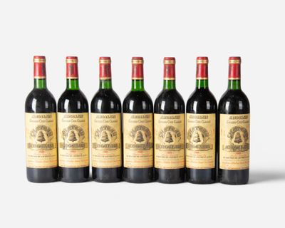 six bottles of wine are lined up in a row on a white surface