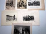 several old black and white pictures of people and animals on a wall