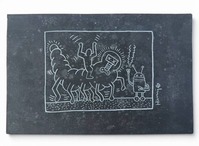 black and white drawing of a man on a horse and a robot