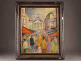 an oil painting of a group of people walking down a street
