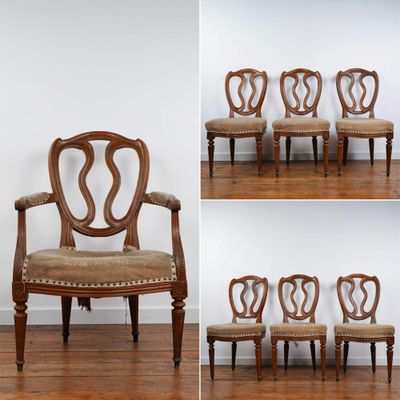 four photos of a set of six chairs with upholstered seats