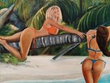 tableau représentant deux femmes en bikini assises sur un palmier sur la plage