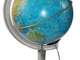 a small blue globe on a stand with a white cord