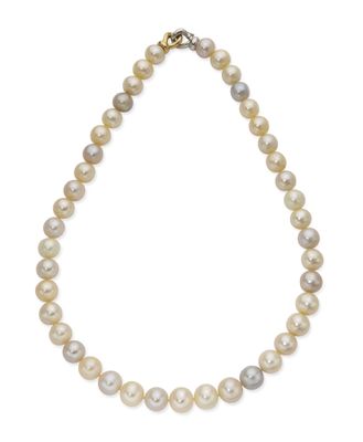 a white pearl necklace with a gold clasp on a white background