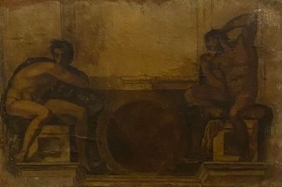 painting of two men sitting at a table with a drum in front of them