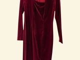 the red velvet dress is hanging on a hanger on a white wall