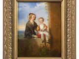 a painting of a woman and child sitting on a ledge