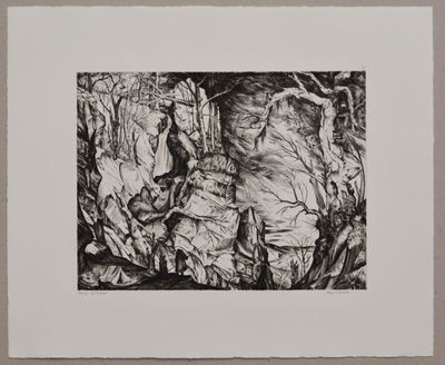 un dessin en noir et blanc représentant une paroi rocheuse avec des arbres en arrière-plan