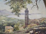 a painting of a clock tower in the middle of a town