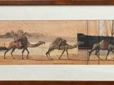 painting of a group of people riding camels with a ship in the background
