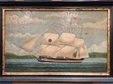tableau représentant un voilier sur l'eau, arborant un drapeau