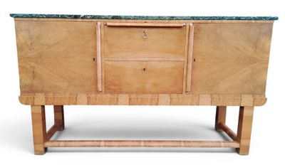 a wooden cabinet with a marble top on a white background