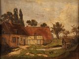 an image of a painting of a farm scene with a horse and a cart