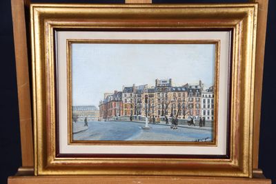 une peinture à l'huile représentant une scène de rue en ville, avec des bâtiments et une calèche