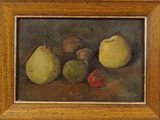 une peinture à l'huile représentant des poires, des pommes et des noix posées sur une table