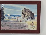 a painting of people on the beach by the water