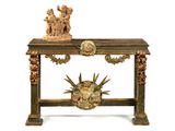 a wooden table with a clock on top of it