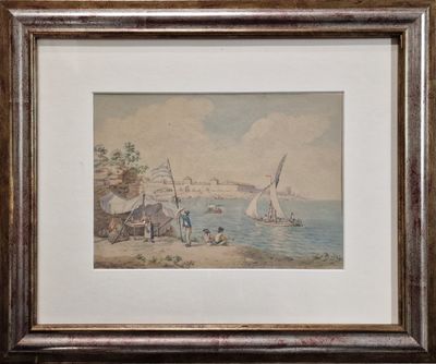 BAUGEAN (XIXème Siècle) Bord de mer animé et ville fortifiée…