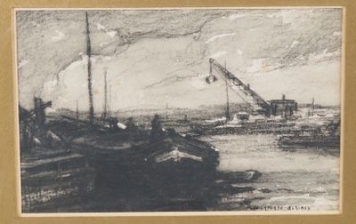 dessin représentant un bateau dans un port, avec une grue en arrière-plan