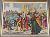 framed picture of a painting of a group of people standing on a pier