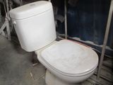 a white toilet sitting in a room with a blue container in the background