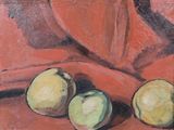 un tableau représentant trois citrons sur un tissu rouge