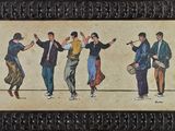 tableau représentant un groupe de personnes debout sur un fil, les mains en l'air