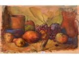 peinture d'une nature morte de fruits et d'un pichet sur une table