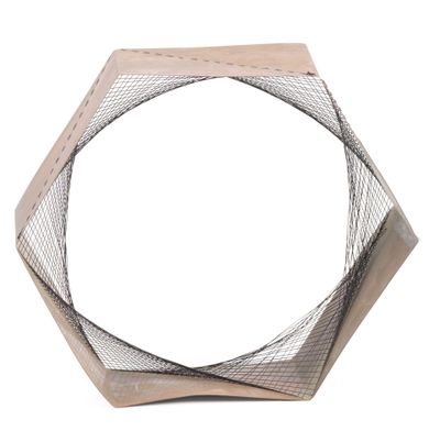 the hexagonal object is made of wood and has a net around it