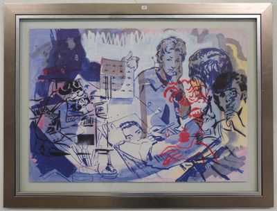 une peinture représentant un groupe de personnes assises à une table