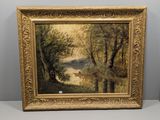 une peinture à l'huile représentant une scène de rivière avec un bateau dans l'eau