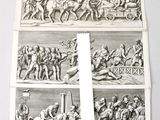 two engravings of a scene of a battle with a man on horseback and a man on a horse