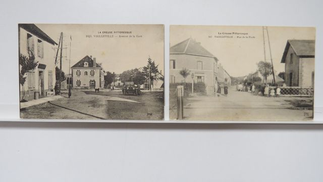 Vieilleville : Lot de 2cpa : Rue de la Poste (PM 947), B.E. + Ave...