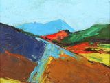 un tableau représentant un paysage avec une montagne en arrière-plan