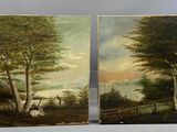 paire de peintures à l'huile du XIXe siècle représentant un paysage boisé