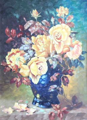 tableau représentant des roses jaunes dans un vase bleu posé sur une table