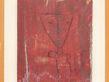 an image of a painting of a man ' s face on a red background