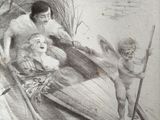 a drawing of a man and a child in a boat